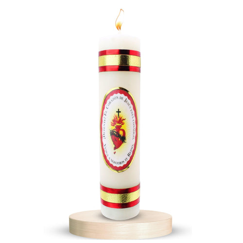Nuestra Fe devotional prayer candle — Veladora religiosa del Sagrado Corazón de Jesús para oración y altar