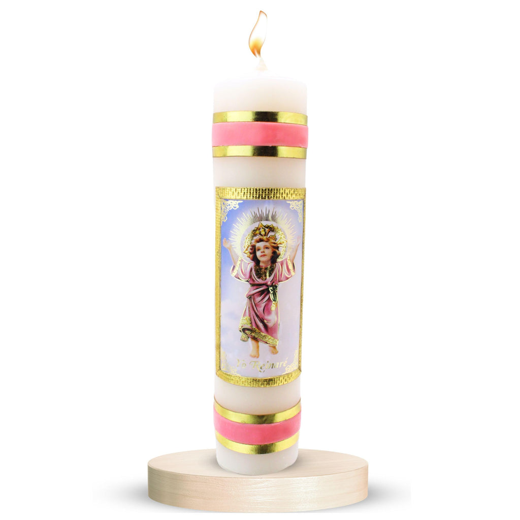 Nuestra Fe devotional prayer candle — Veladora religiosa del Niño Dios para oración y altar