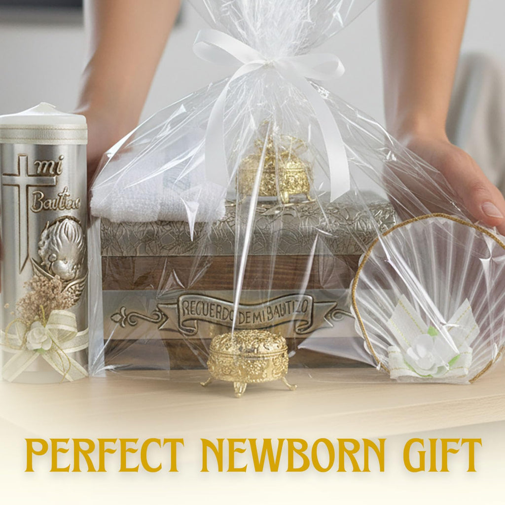 Baptism candle set in Premium decoration box with towel, rosary and shell included - Velas para bautizo Recuerdos de bau