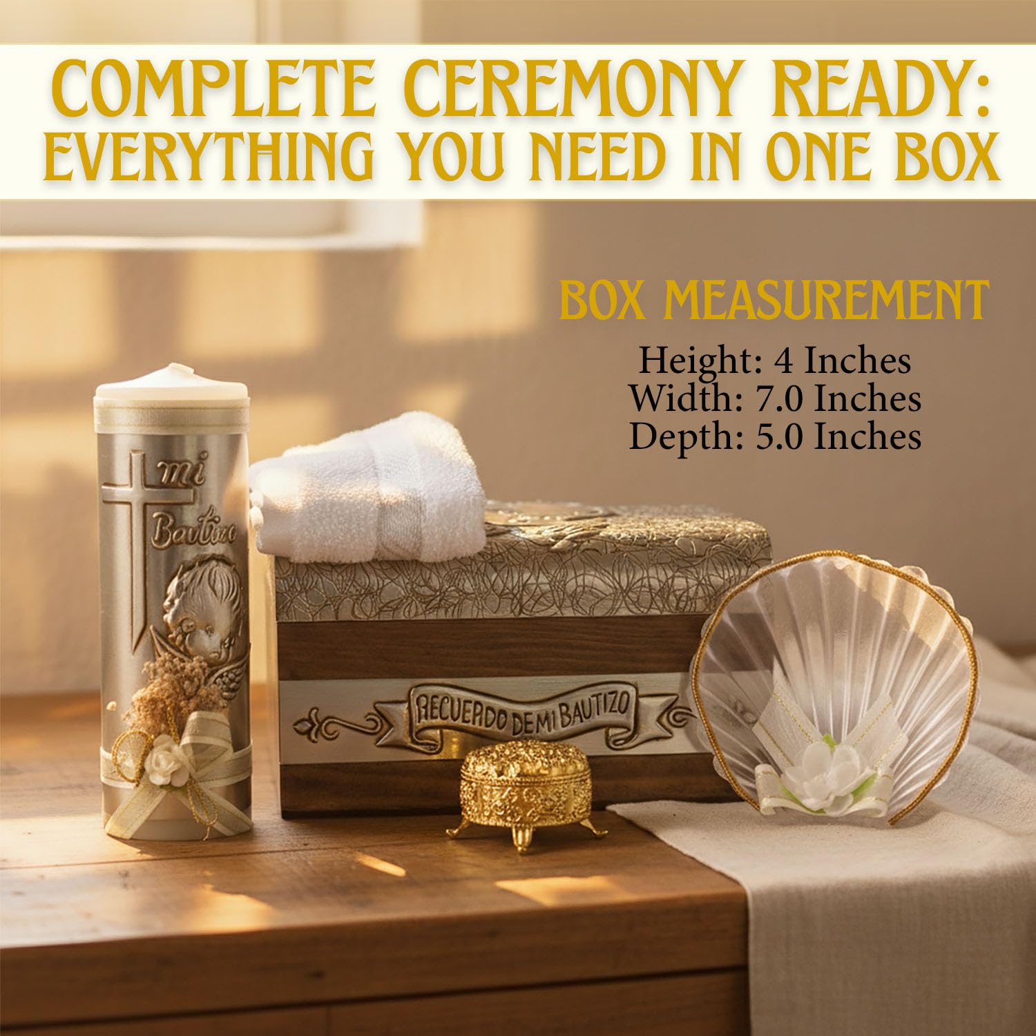 Baptism candle set in Premium decoration box with towel, rosary and shell included - Velas para bautizo Recuerdos de bau