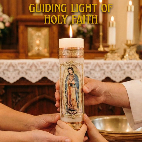 Virgen de Guadalupe Devotional Candle — Full-Body Gold Vela for Prayer & Altar