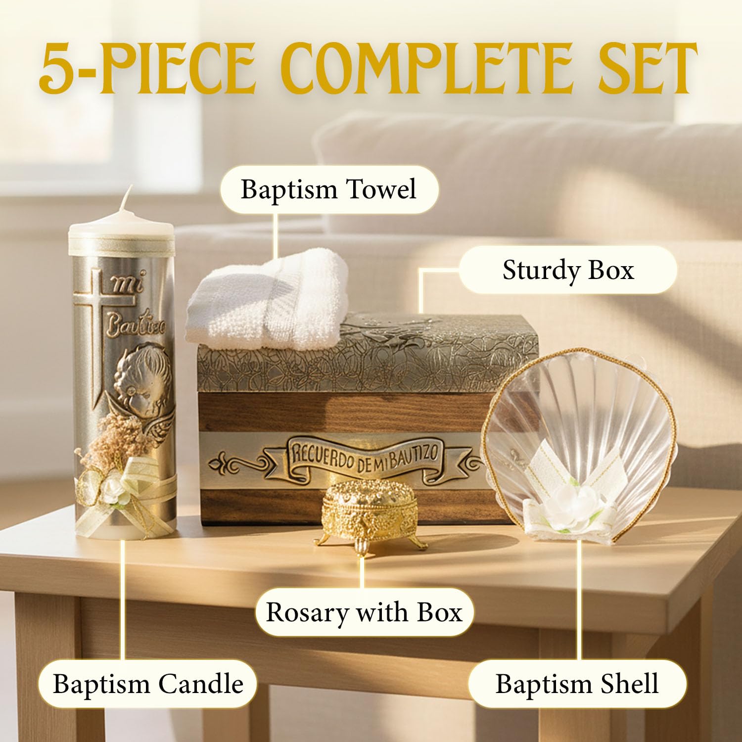 Baptism candle set in Premium decoration box with towel, rosary and shell included - Velas para bautizo Recuerdos de bau