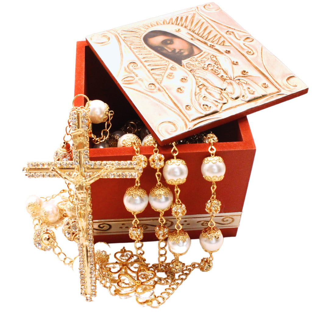 Nuestra Fe Wedding Lazo - Premium Pearl Beaded Lazo para Boda Catolica with Jesus and Virgen de Guadalupe Medallions