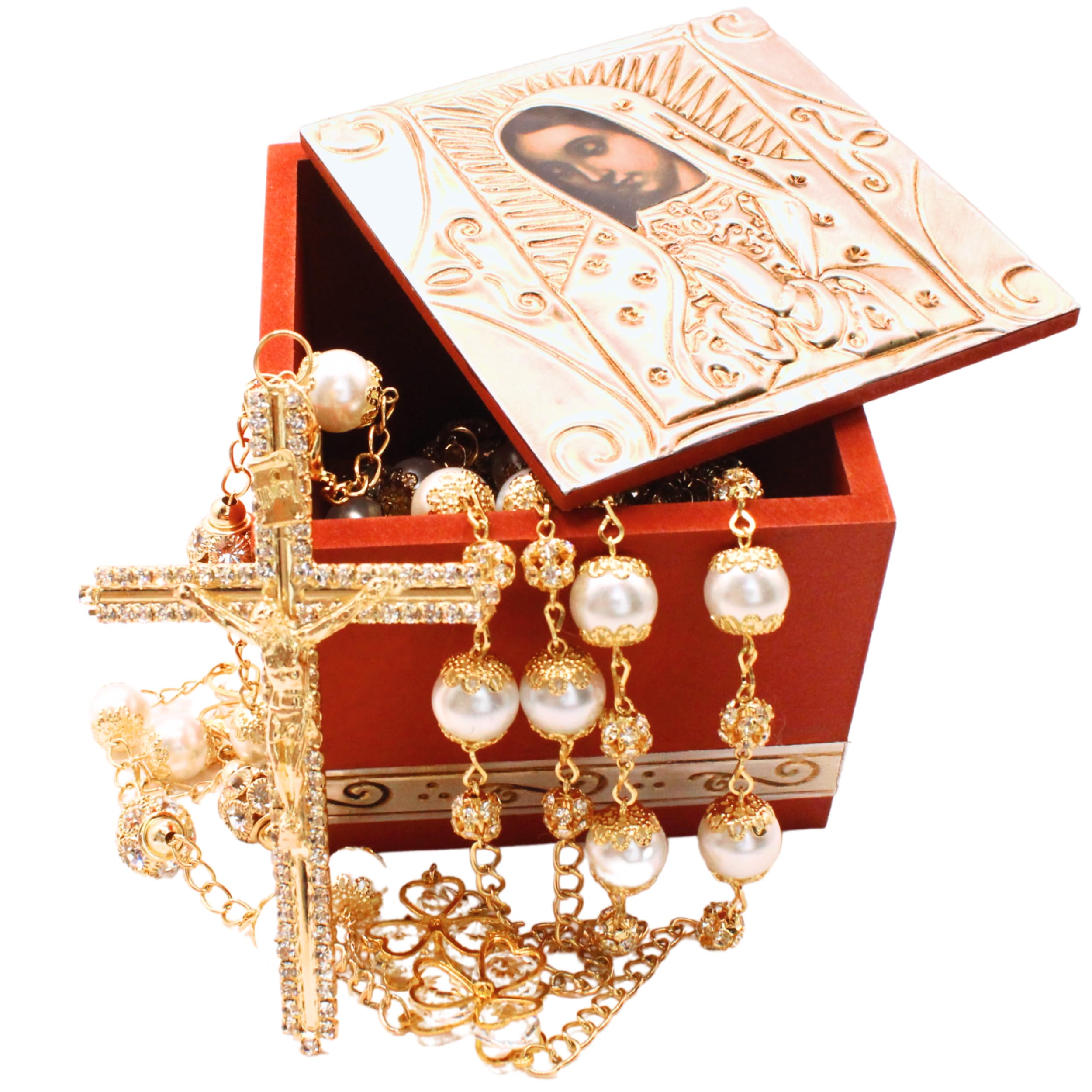 Nuestra Fe Wedding Lazo - Premium Pearl Beaded Lazo para Boda Catolica with Jesus and Virgen de Guadalupe Medallions