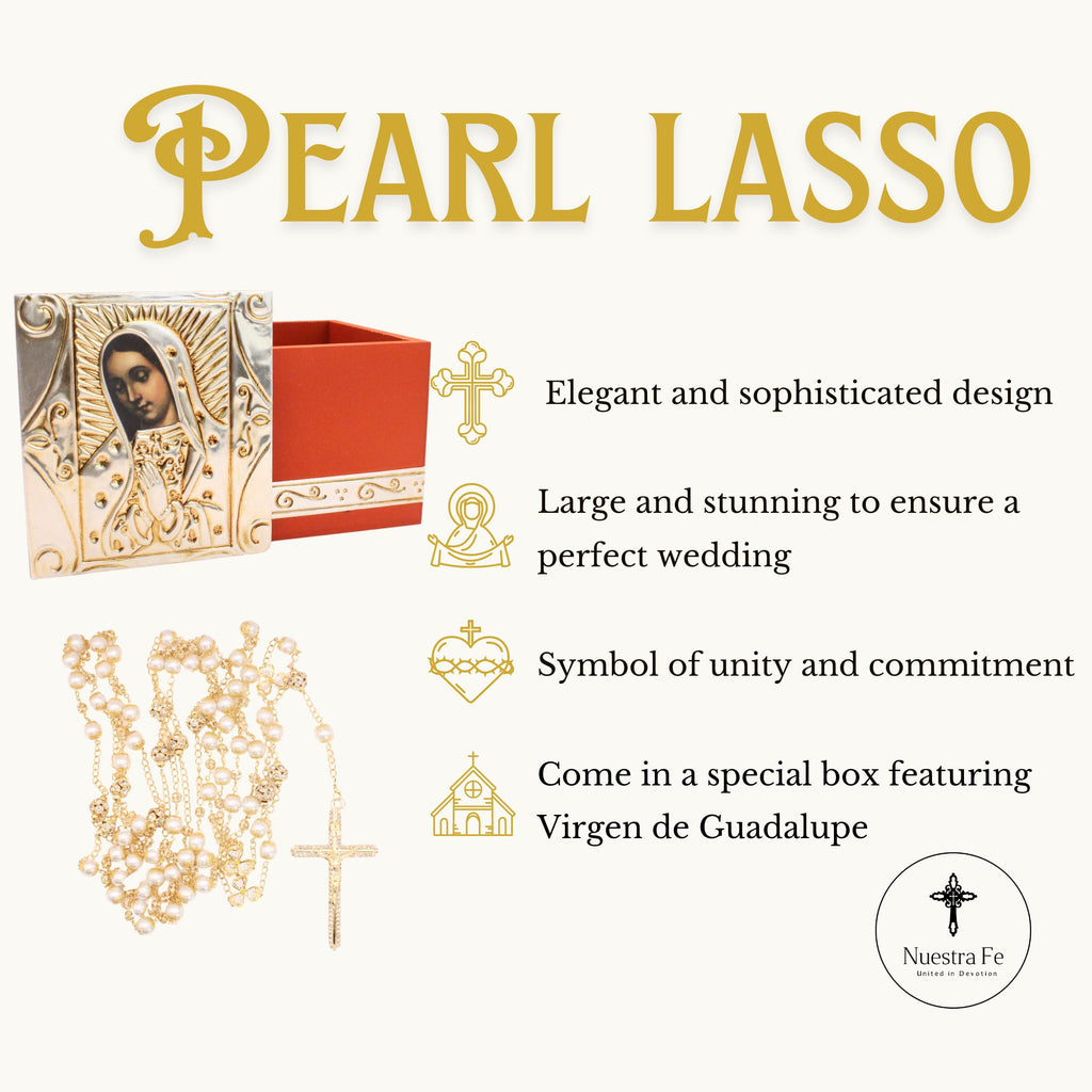 Nuestra Fe Wedding Lazo - Premium Pearl Beaded Lazo para Boda Catolica with Jesus and Virgen de Guadalupe Medallions