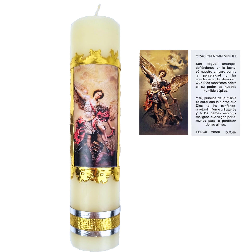 Nuestra Fe devotional prayer candle — Veladora religiosa de San Miguel Arcángel para oración y altar