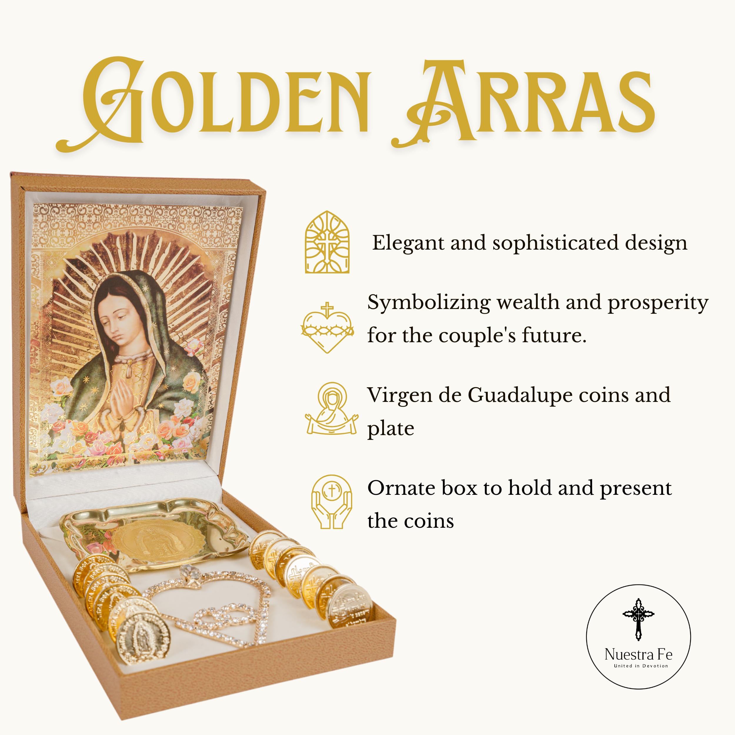 Nuestra Fe Wedding Arras - Premium Brown Catholic Arras de Boda 13 Coins Set with Decorative Box