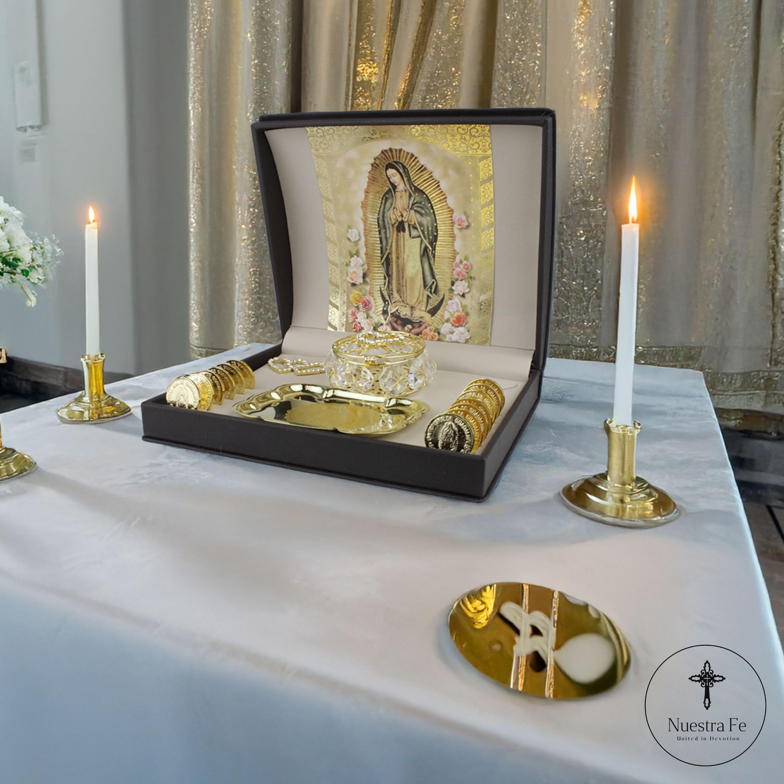Nuestra Fe 14k Gold Plated Wedding Arras - Arras para boda catolica with our virgen of Guadalupe in a premium gift box m