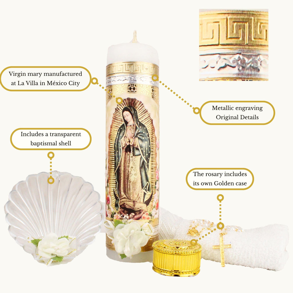Baptism Candle Set featuring Our Virgen de Guadalupe Candle  Premium Golden metallic cover - Velas para bautizo full kit