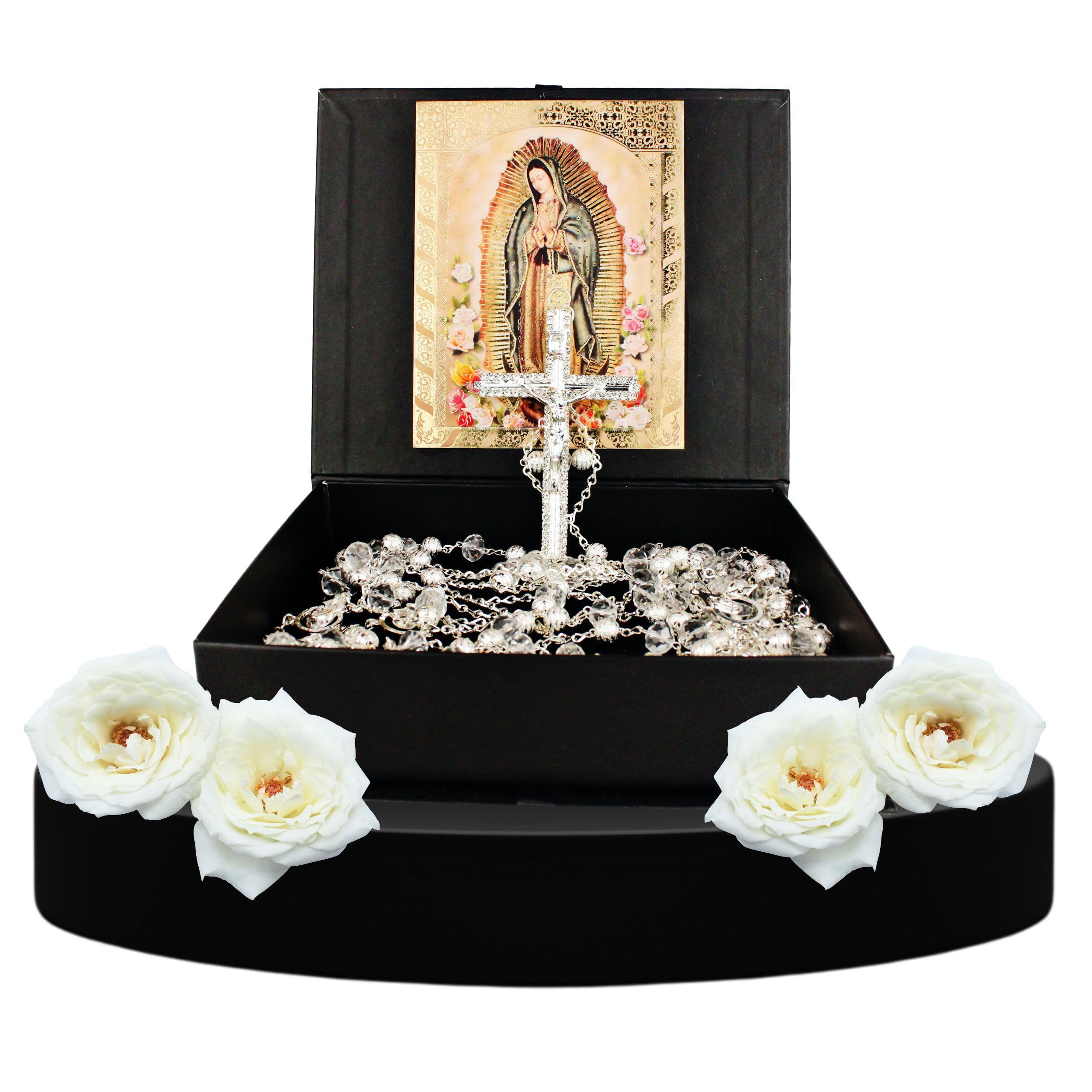 Silver Plated Deluxe lazo para boda - Wedding lasso crystal with Jesus christ and virgen de guadalupe - Lazo de bodas de