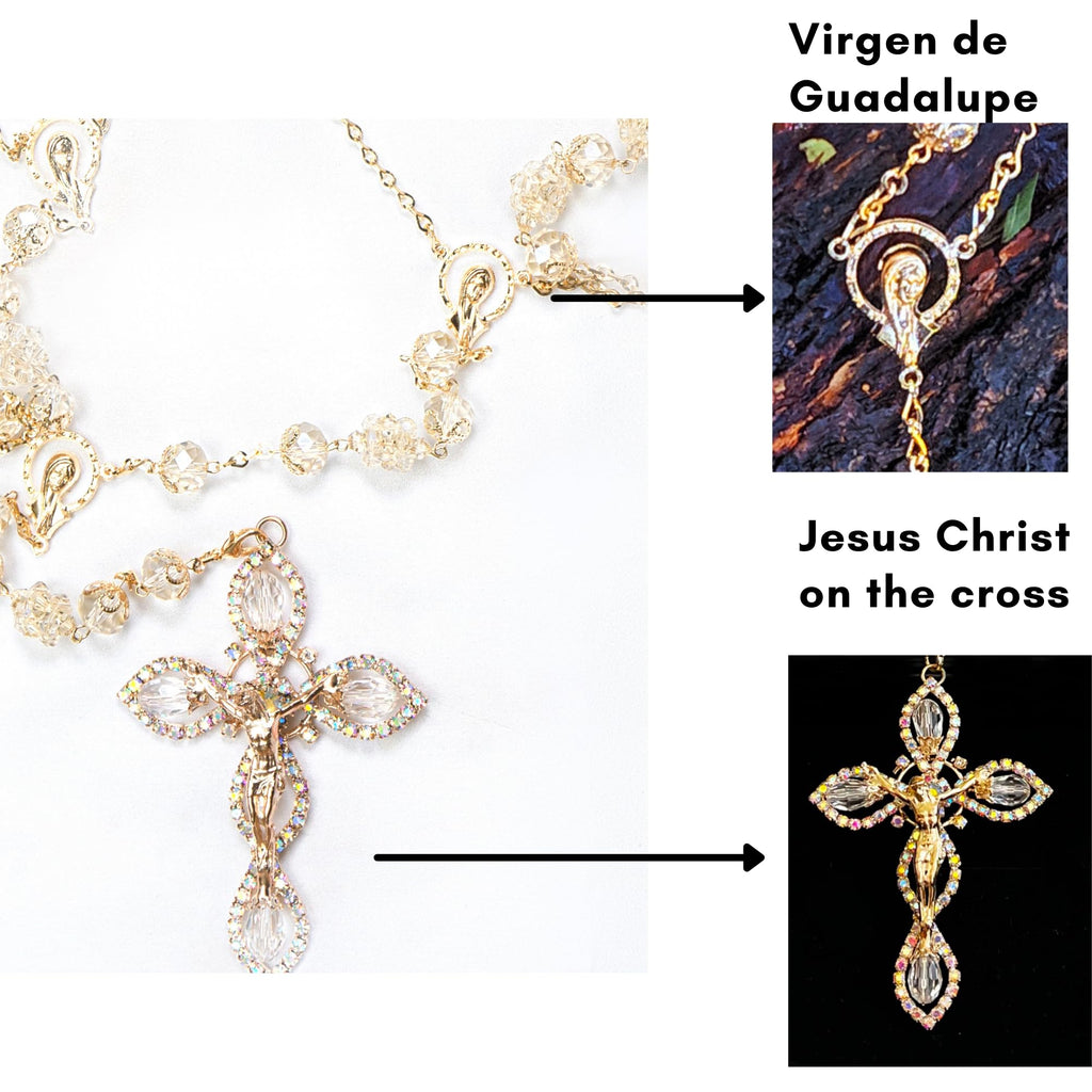 Gold Plated Deluxe Lazo para boda - Wedding lasso crystal with Jesus christ and virgen de guadalupe - Lazos de bodas de 
