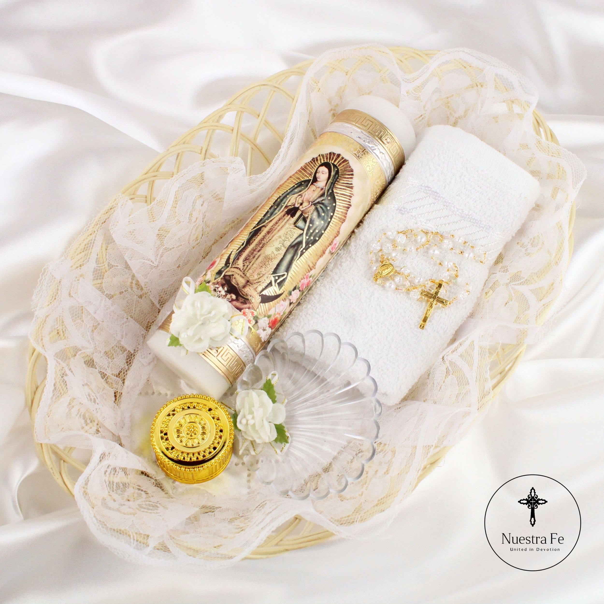 Baptism Candle Set featuring Our Virgen de Guadalupe Candle  Premium Golden metallic cover - Velas para bautizo full kit