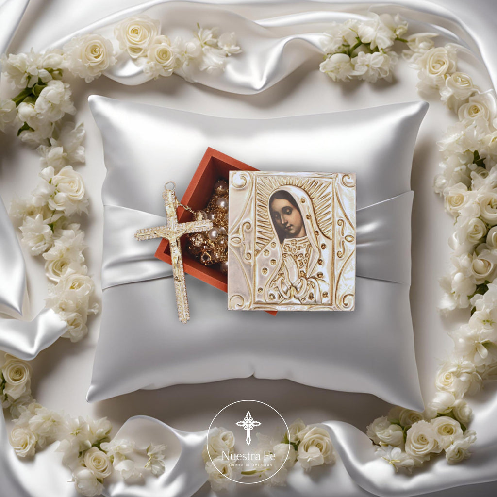 Nuestra Fe Wedding Lazo - Premium Pearl Beaded Lazo para Boda Catolica with Jesus and Virgen de Guadalupe Medallions
