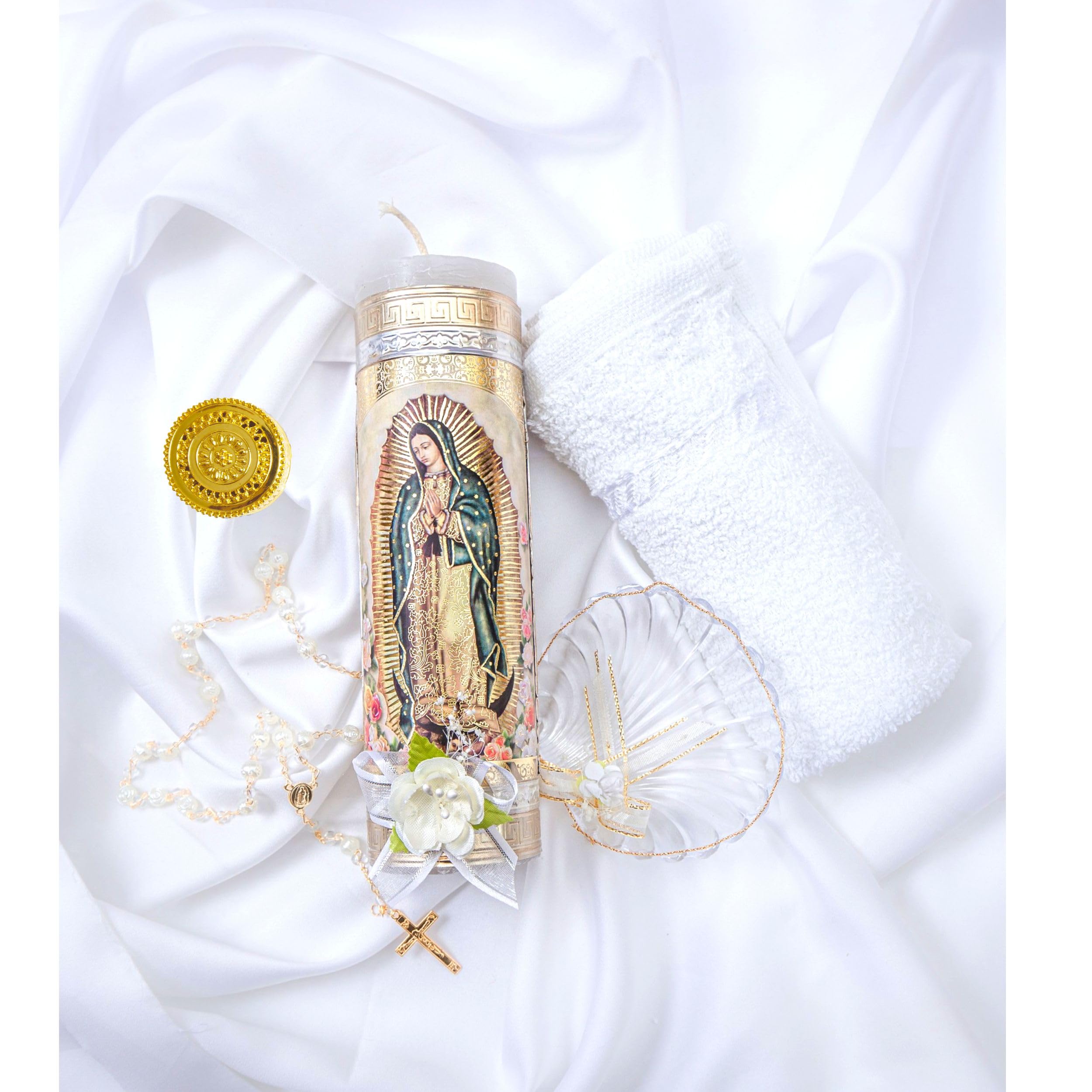 Baptism Candle Set featuring Our Virgen de Guadalupe Candle  Premium Golden metallic cover - Velas para bautizo full kit