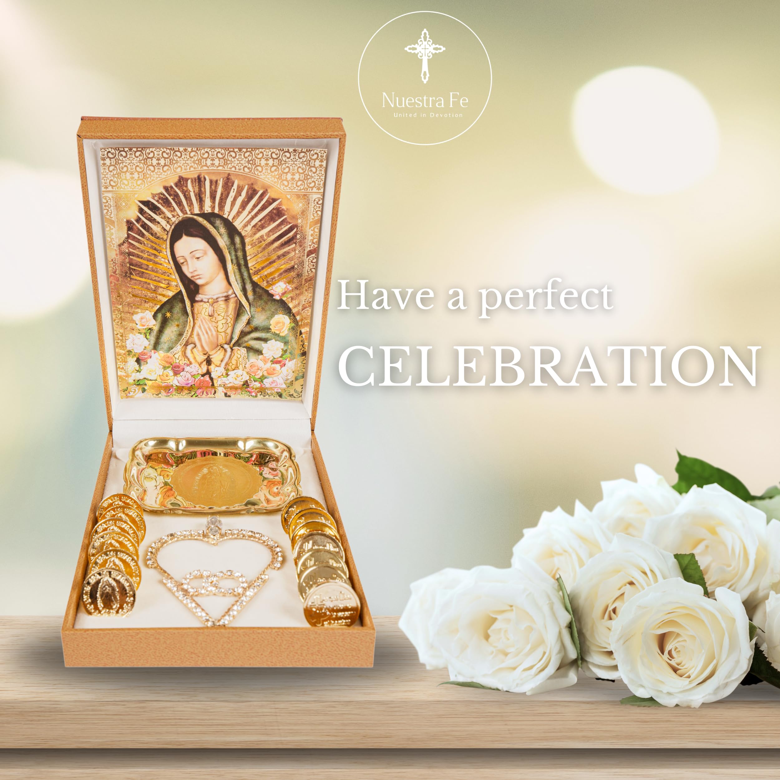 Nuestra Fe Wedding Arras - Premium Brown Catholic Arras de Boda 13 Coins Set with Decorative Box