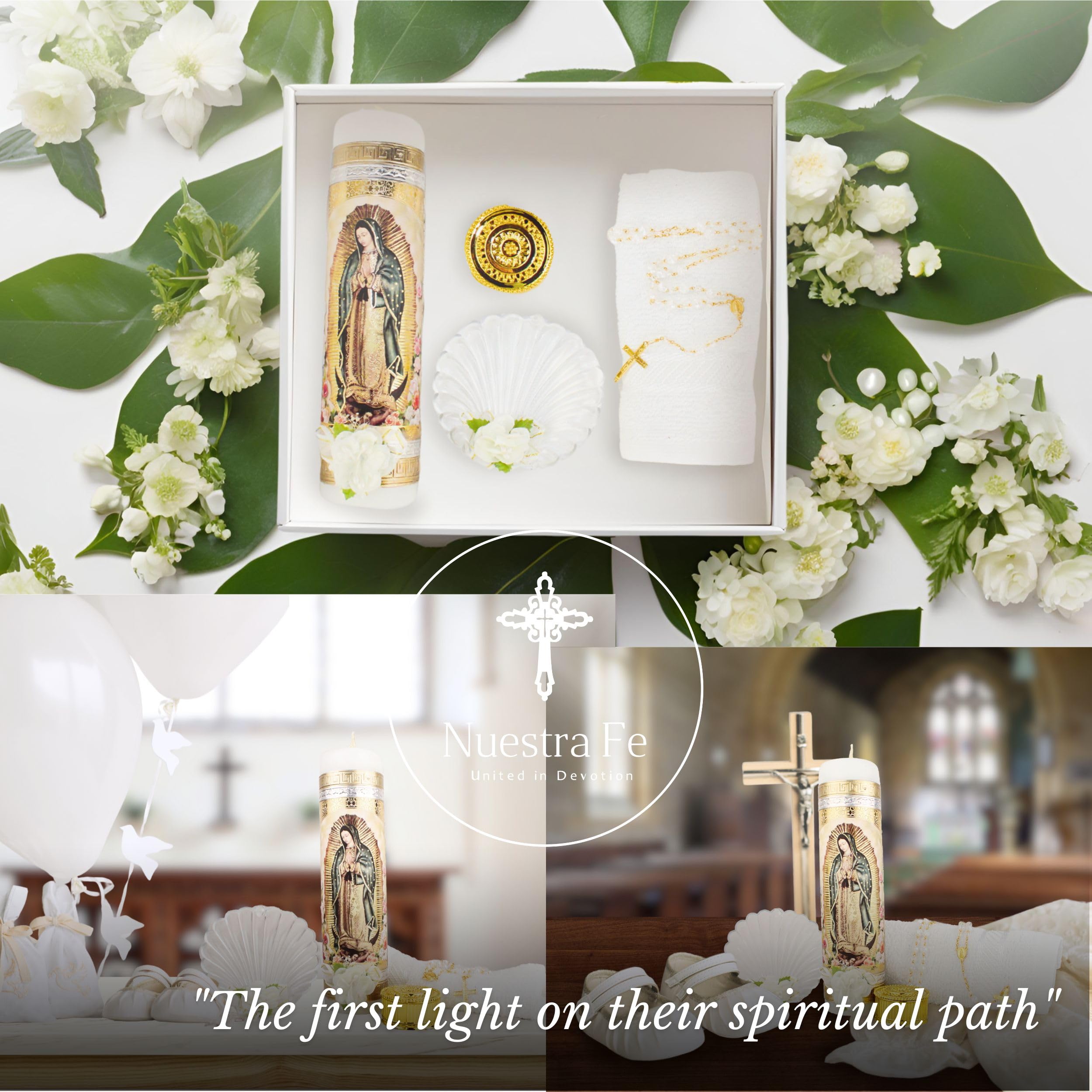 Baptism Candle Set featuring Our Virgen de Guadalupe Candle  Premium Golden metallic cover - Velas para bautizo full kit