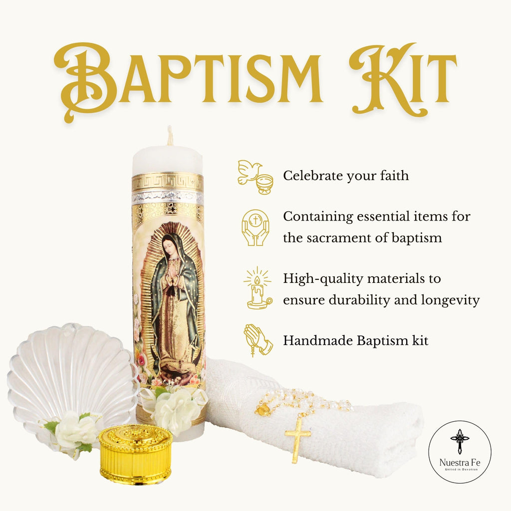Baptism Candle Set featuring Our Virgen de Guadalupe Candle  Premium Golden metallic cover - Velas para bautizo full kit
