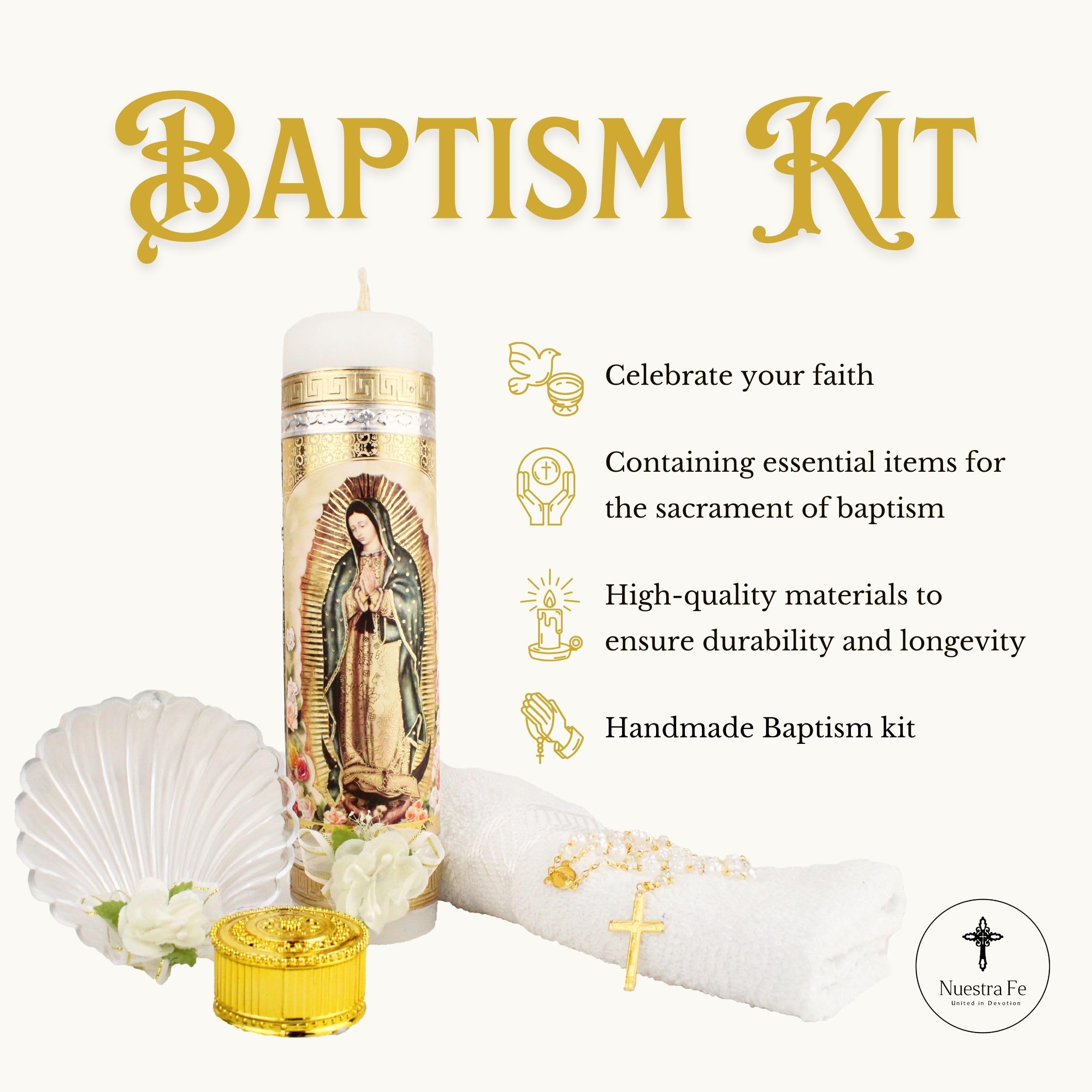 Baptism Candle Set featuring Our Virgen de Guadalupe Candle  Premium Golden metallic cover - Velas para bautizo full kit