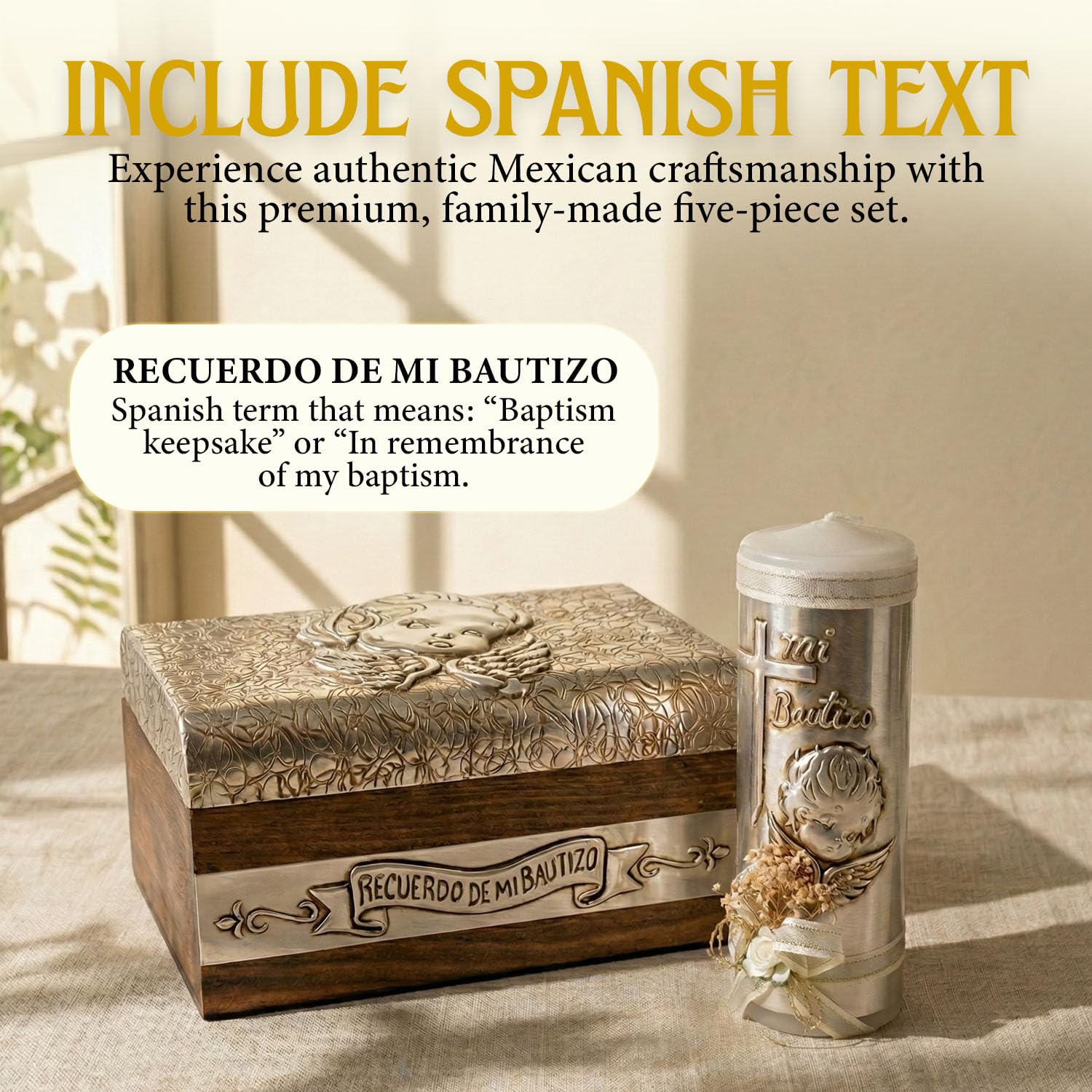 Baptism candle set in Premium decoration box with towel, rosary and shell included - Velas para bautizo Recuerdos de bau