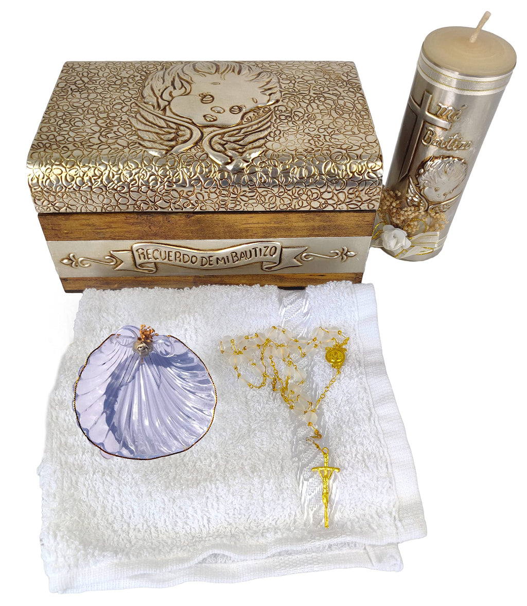 Baptism candle set in Premium decoration box with towel, rosary and shell included - Velas para bautizo Recuerdos de bau