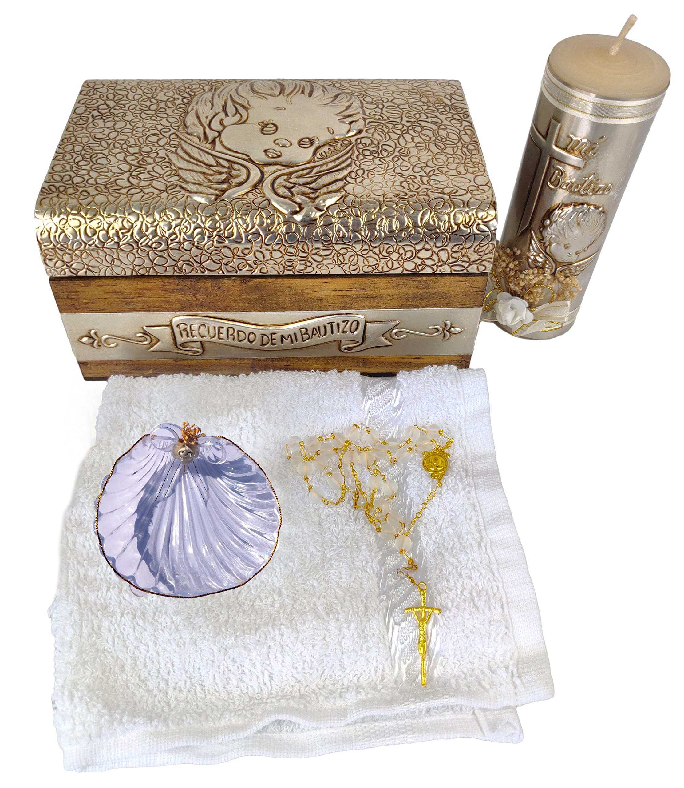 Baptism candle set in Premium decoration box with towel, rosary and shell included - Velas para bautizo Recuerdos de bau