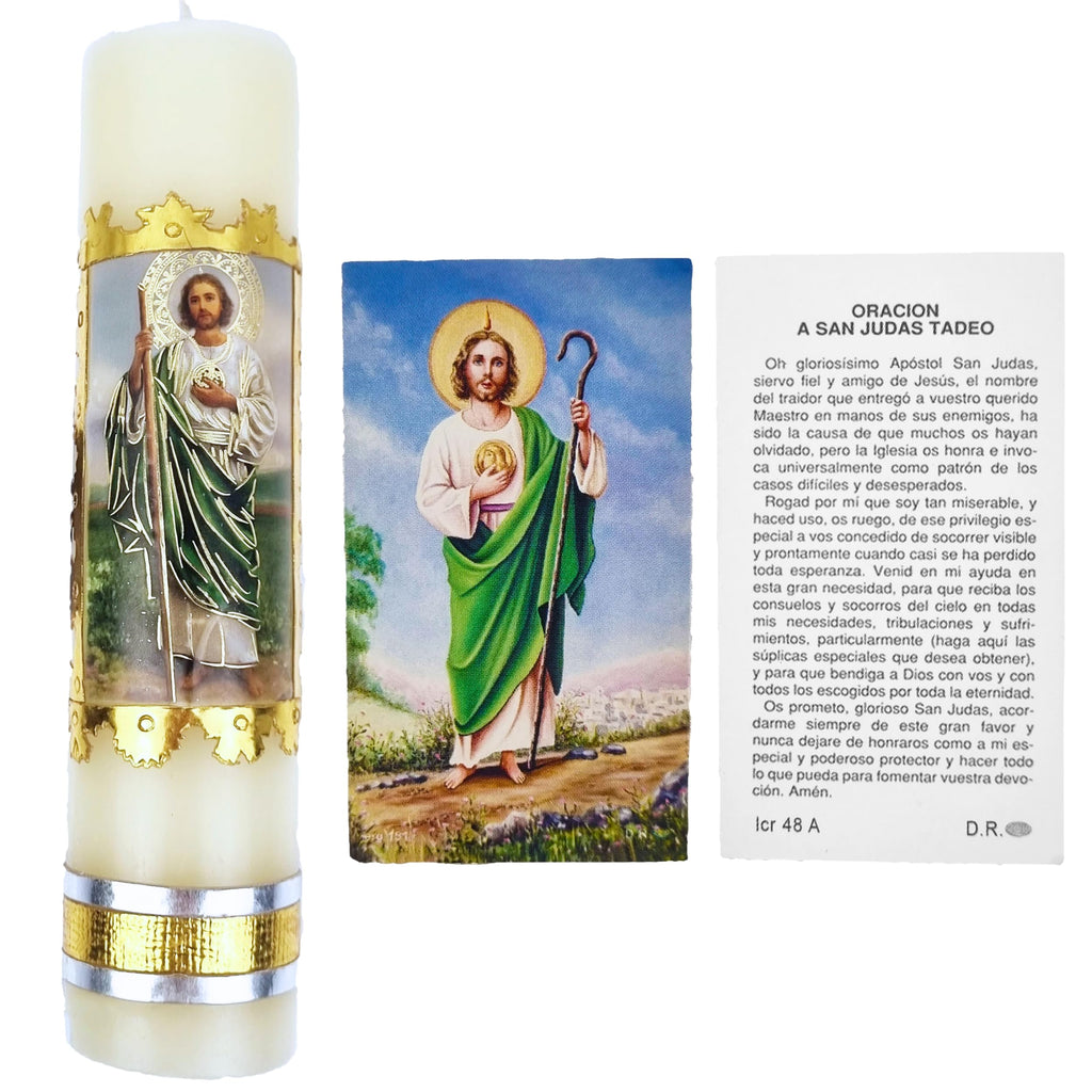 Nuestra Fe devotional prayer candle — Veladora religiosa de San Judas Tadeo para oración y altar