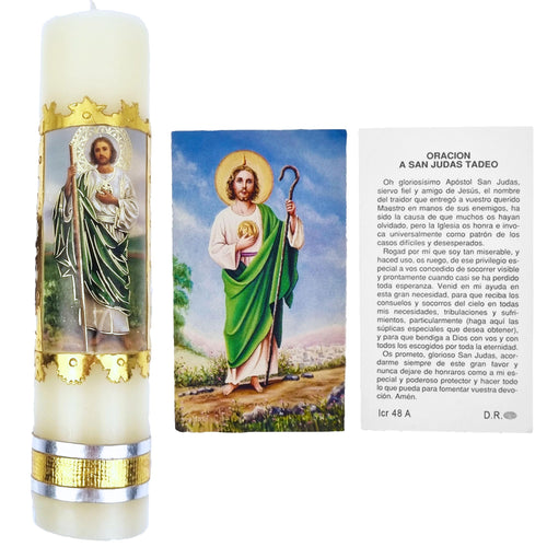 Nuestra Fe devotional prayer candle — Veladora religiosa de San Judas Tadeo para oración y altar