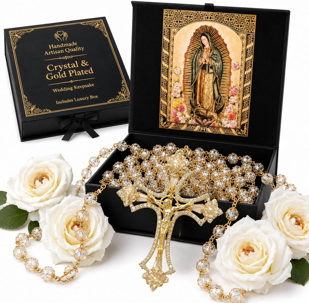 Lazo de Boda de Cristal Bañado en Oro — Jesús y Guadalupe en Caja de Regalo | Lazo para Boda