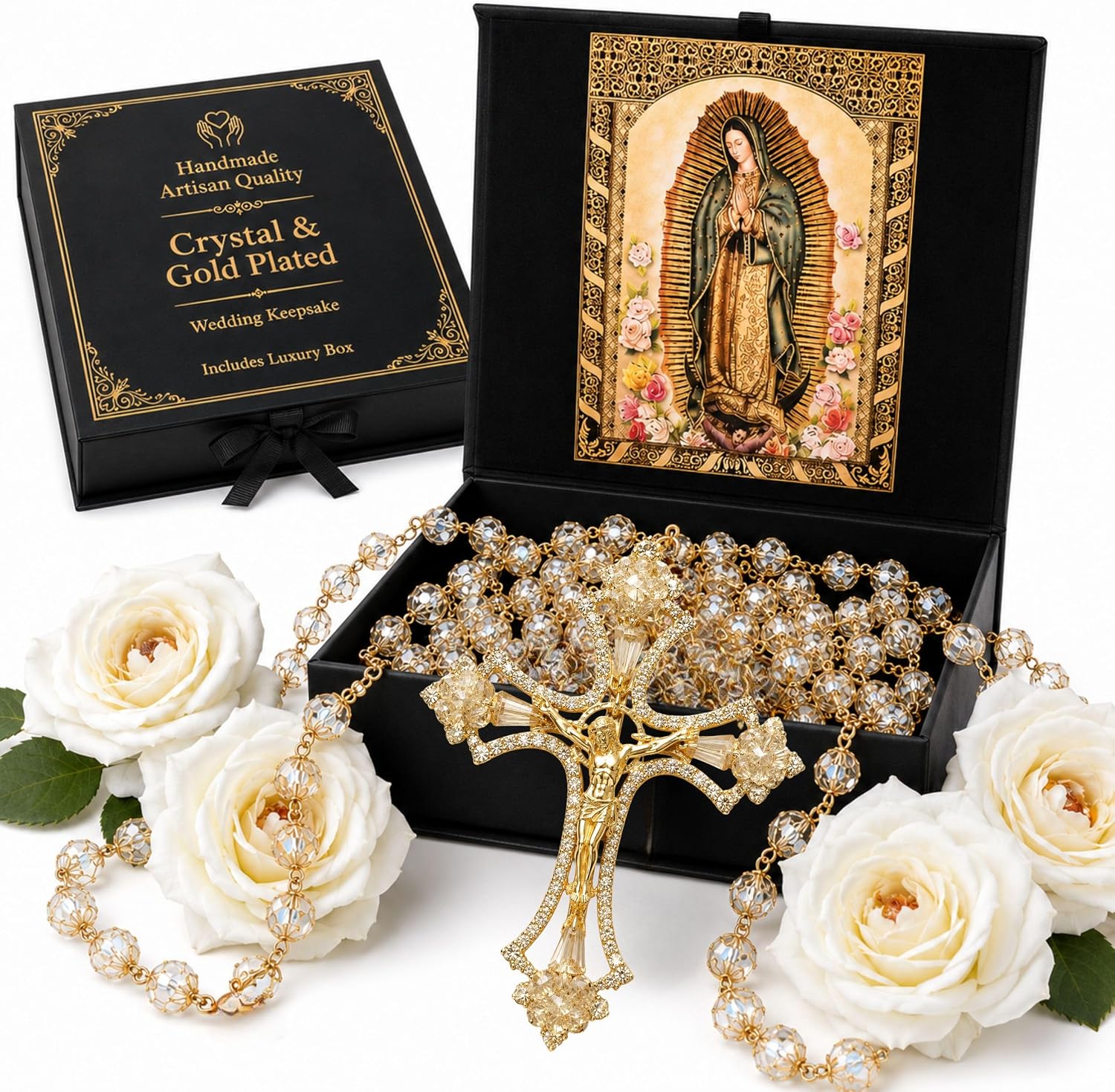 Lazo de Boda de Cristal Bañado en Oro — Jesús y Guadalupe en Caja de Regalo | Lazo para Boda