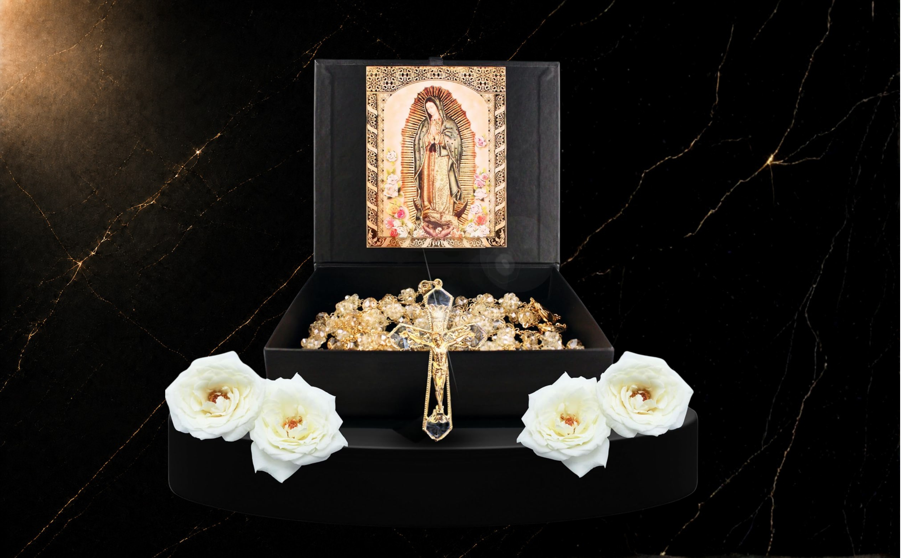 Gold-Plated Crystal Wedding Lazo — Jesus & Guadalupe in Gift Box | Lazo para Boda