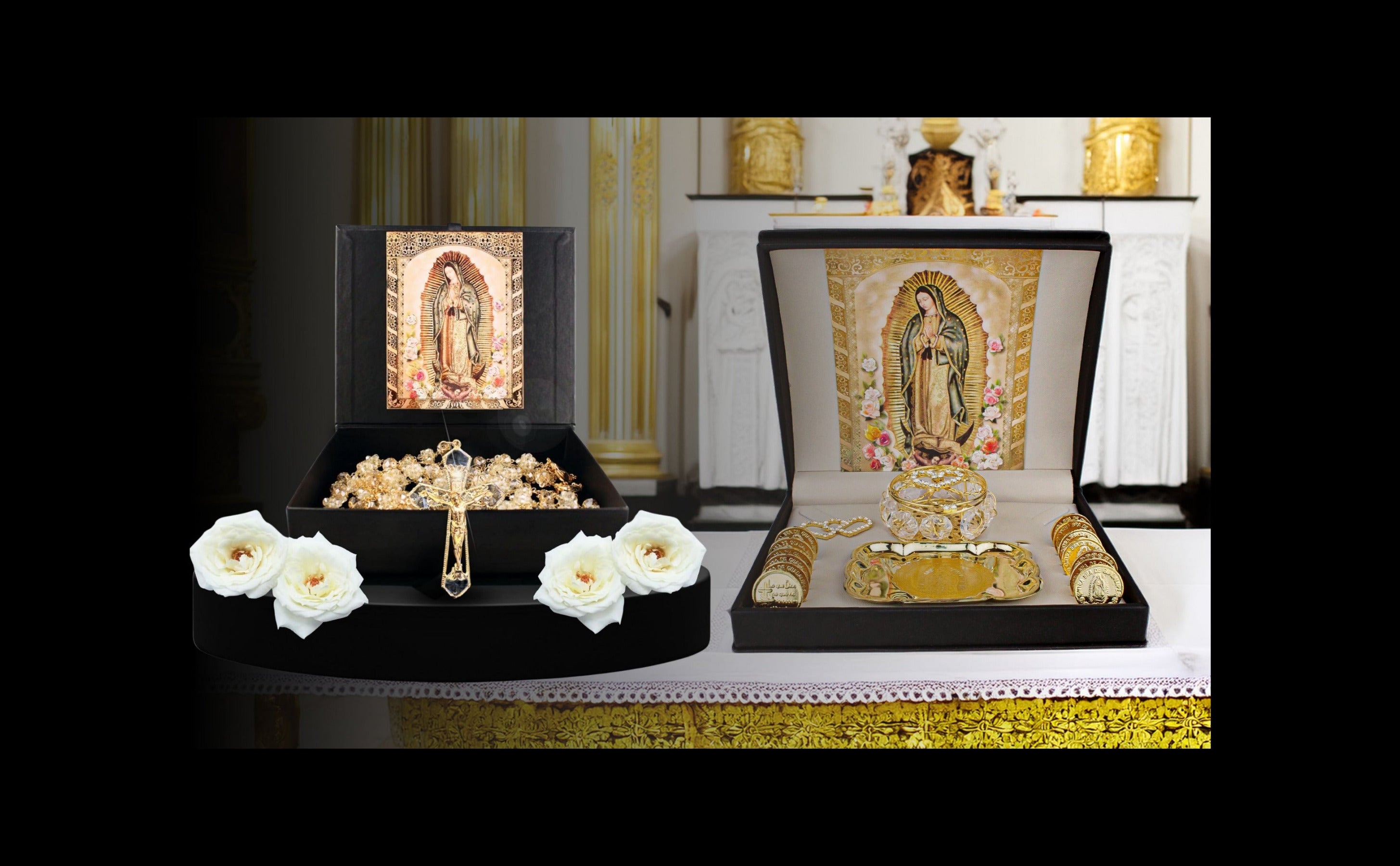 Decorative altar setup with religious arras and wedding lasso