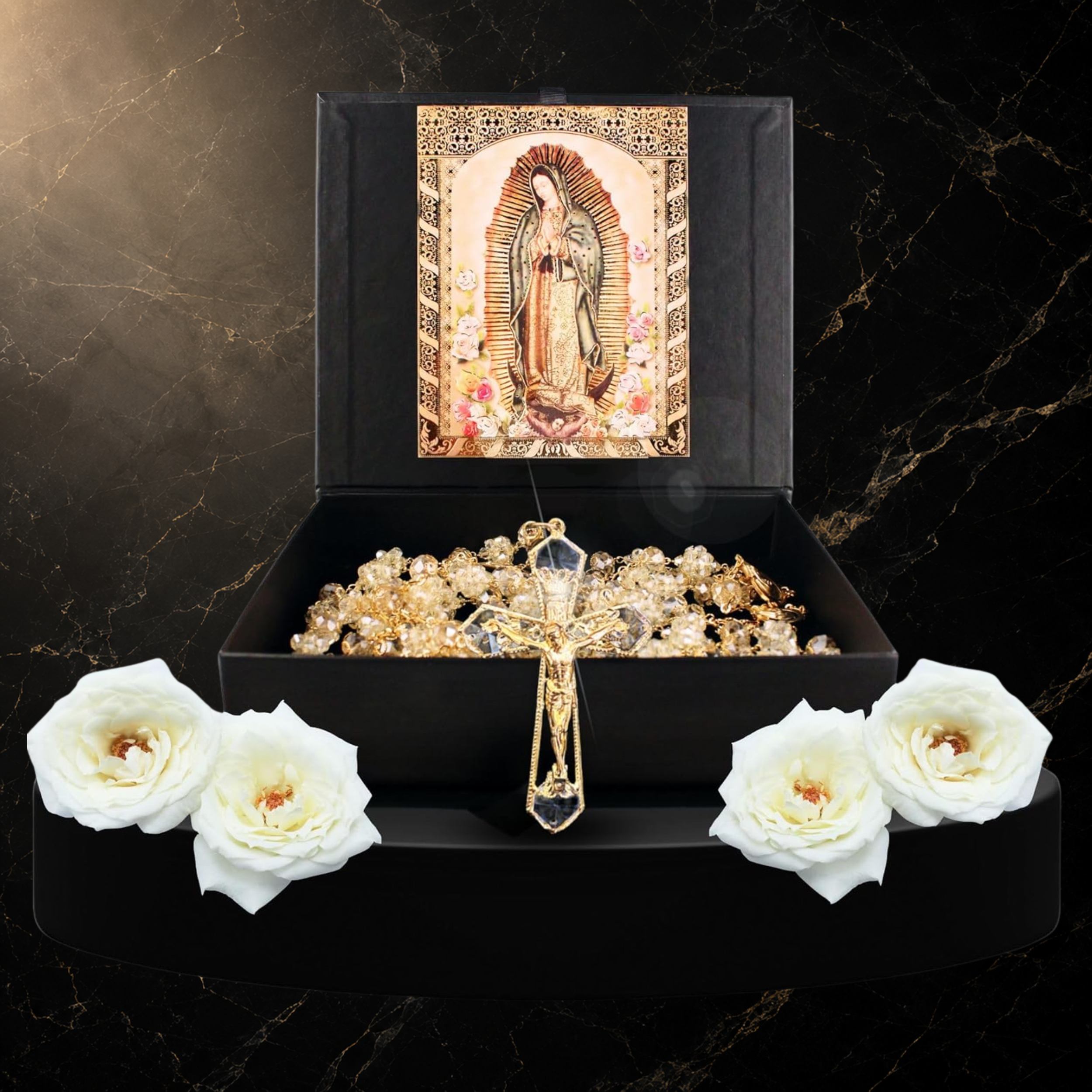 Lazo de Boda de Cristal Bañado en Oro — Jesús y Guadalupe en Caja de Regalo | Lazo para Boda