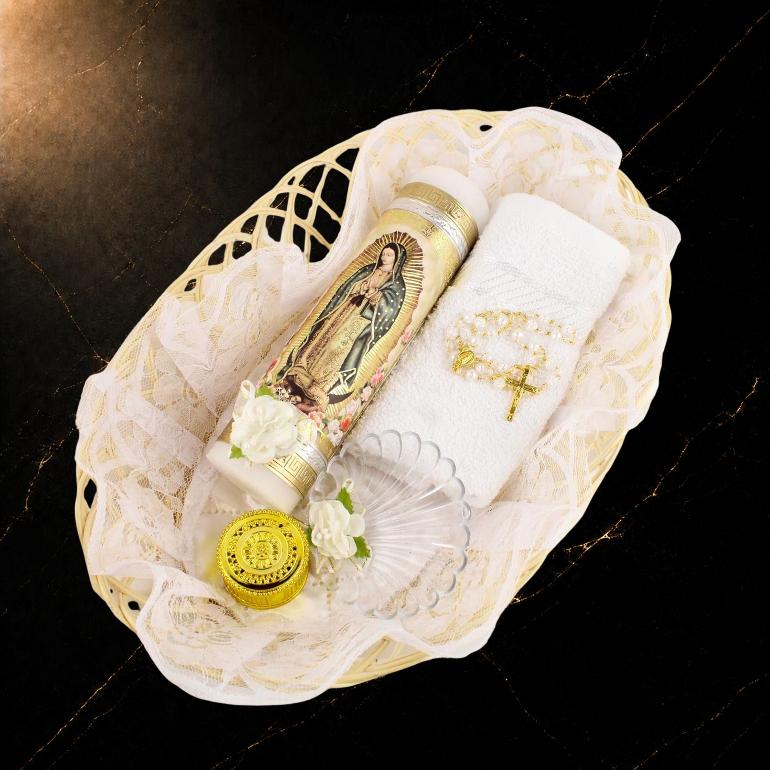 Virgen de Guadalupe Baptism Set — 5-Piece Gold Kit with Vela, Rosary & Shell