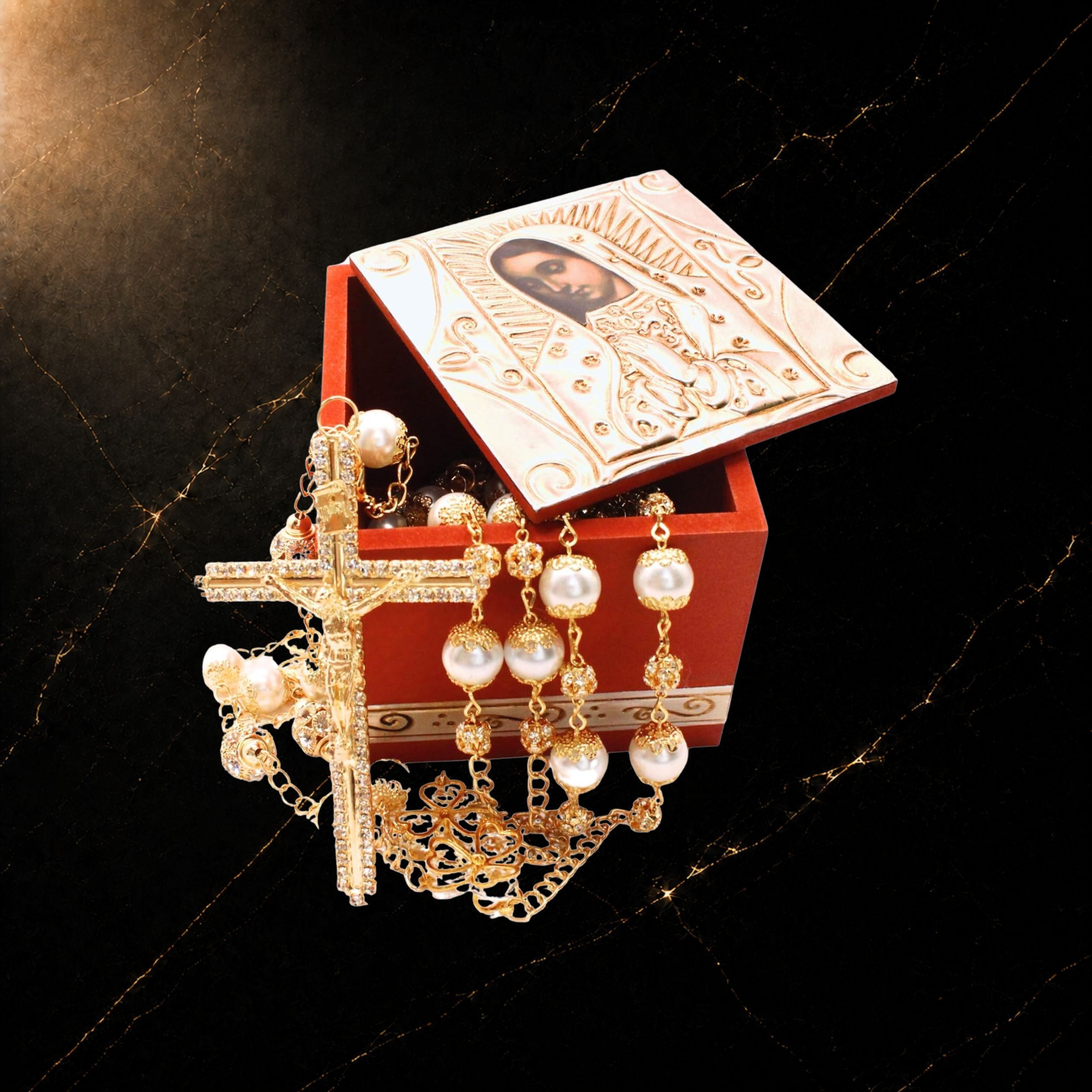 Pearl Wedding Lazo — Jesus & Virgen de Guadalupe Medallions | Lazo para Boda Católica