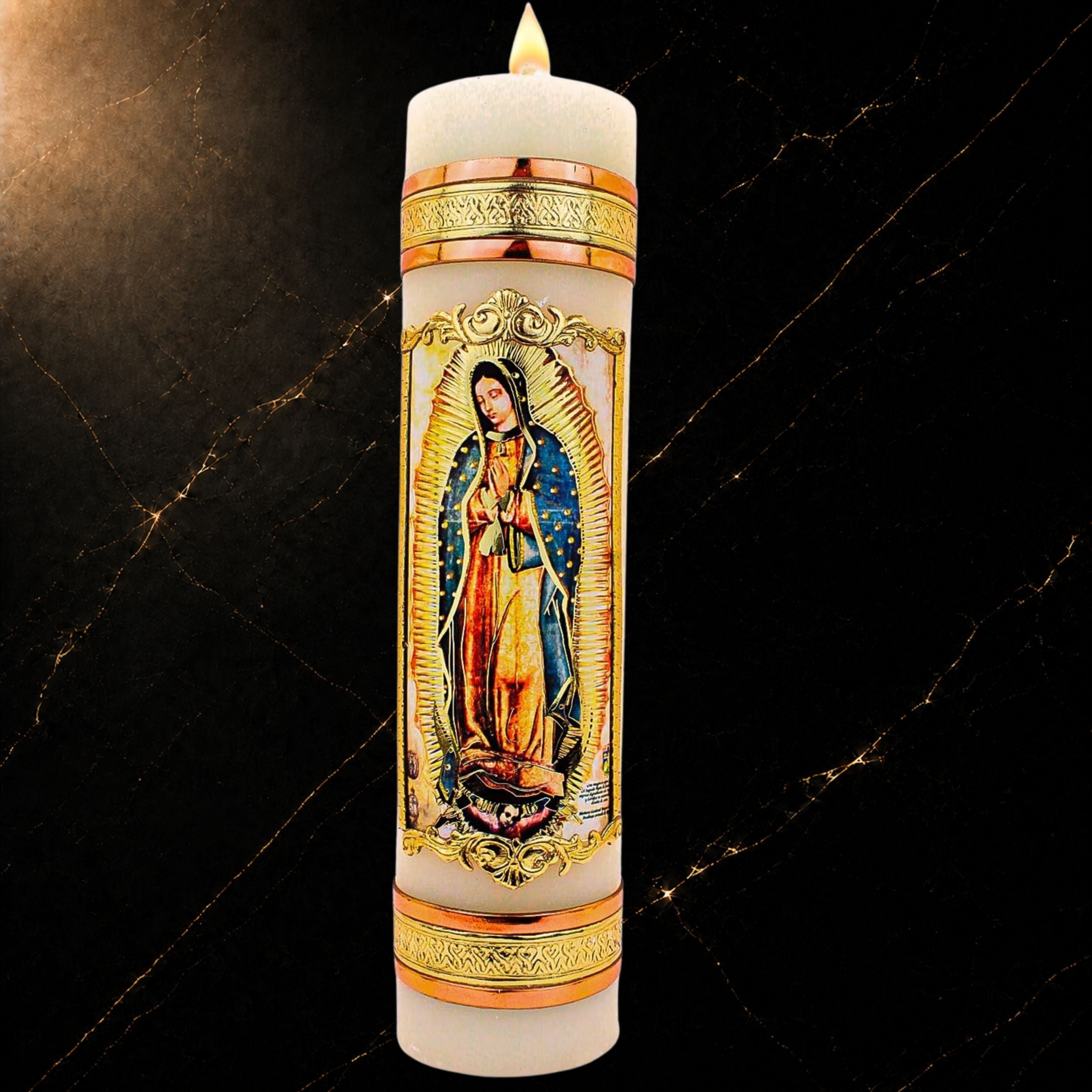 Virgen de Guadalupe Devotional Candle — Full-Body Gold Vela for Prayer & Altar