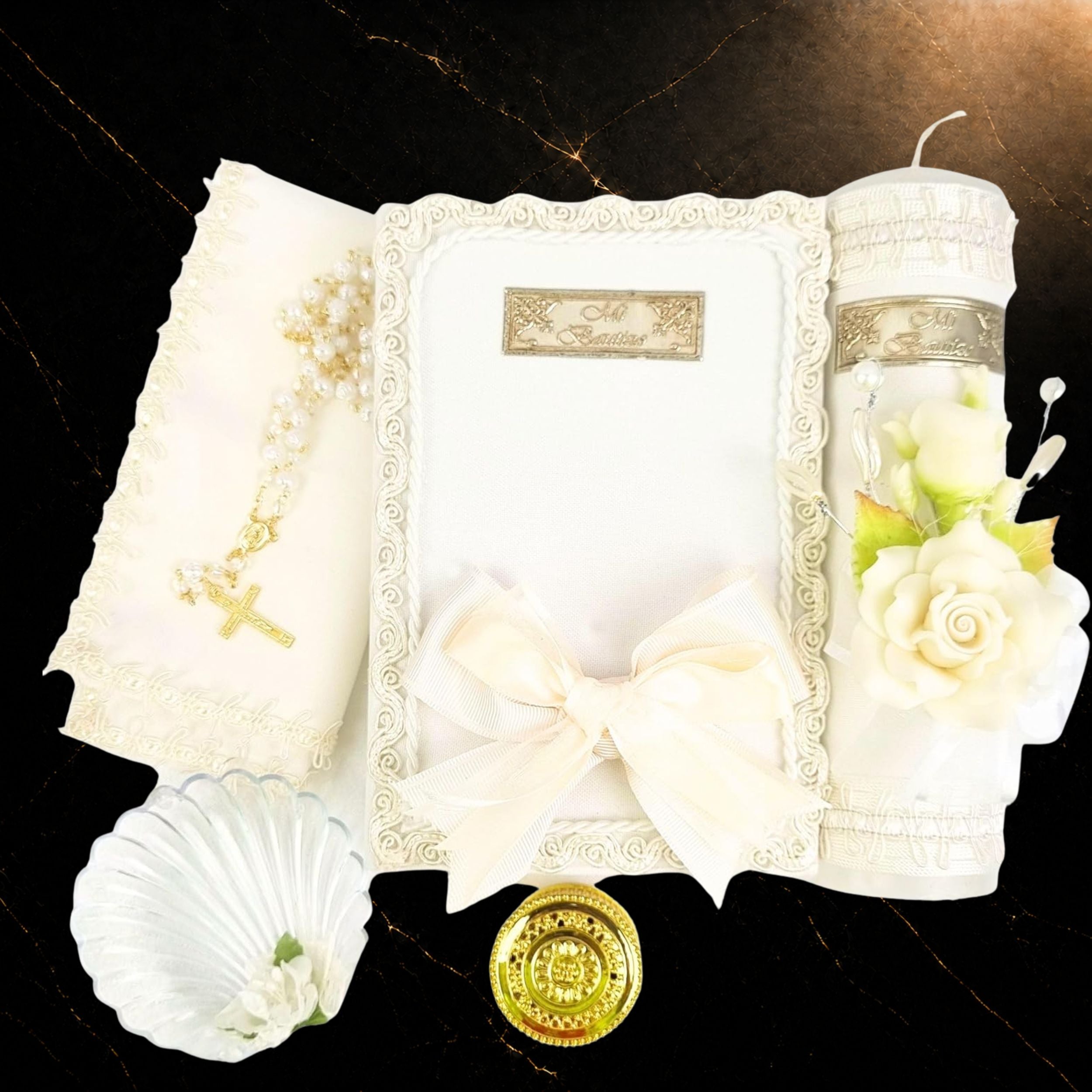 White Baptism Candle Set 5 Pieces — Complete Bautizo Kit for Boys & Girls