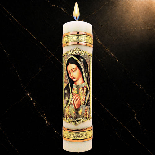 Nuestra Fe devotional prayer candle — Veladora religiosa de la Virgen María (Style 1) para oración y altar