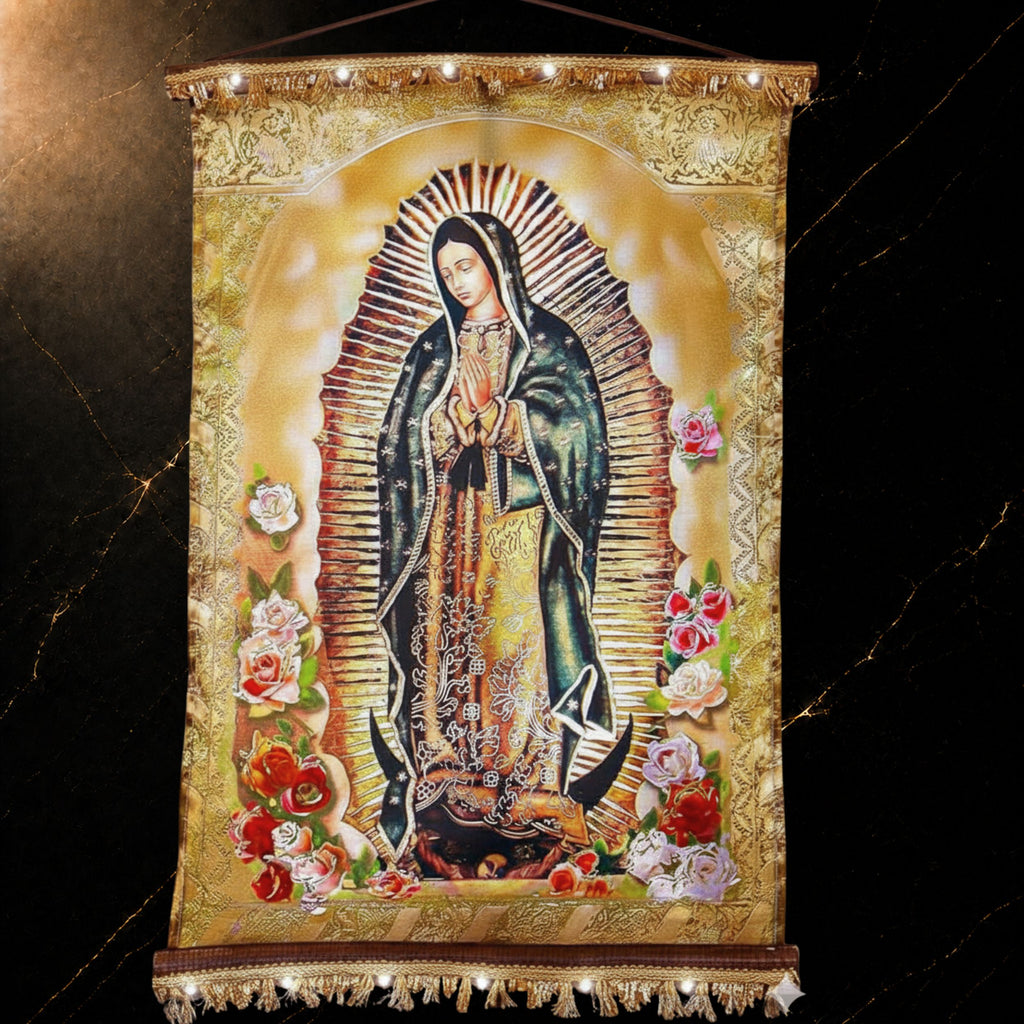 Estandarte de Pared Católico — Virgen de Guadalupe y San Miguel Arcángel | Estandarte Religioso