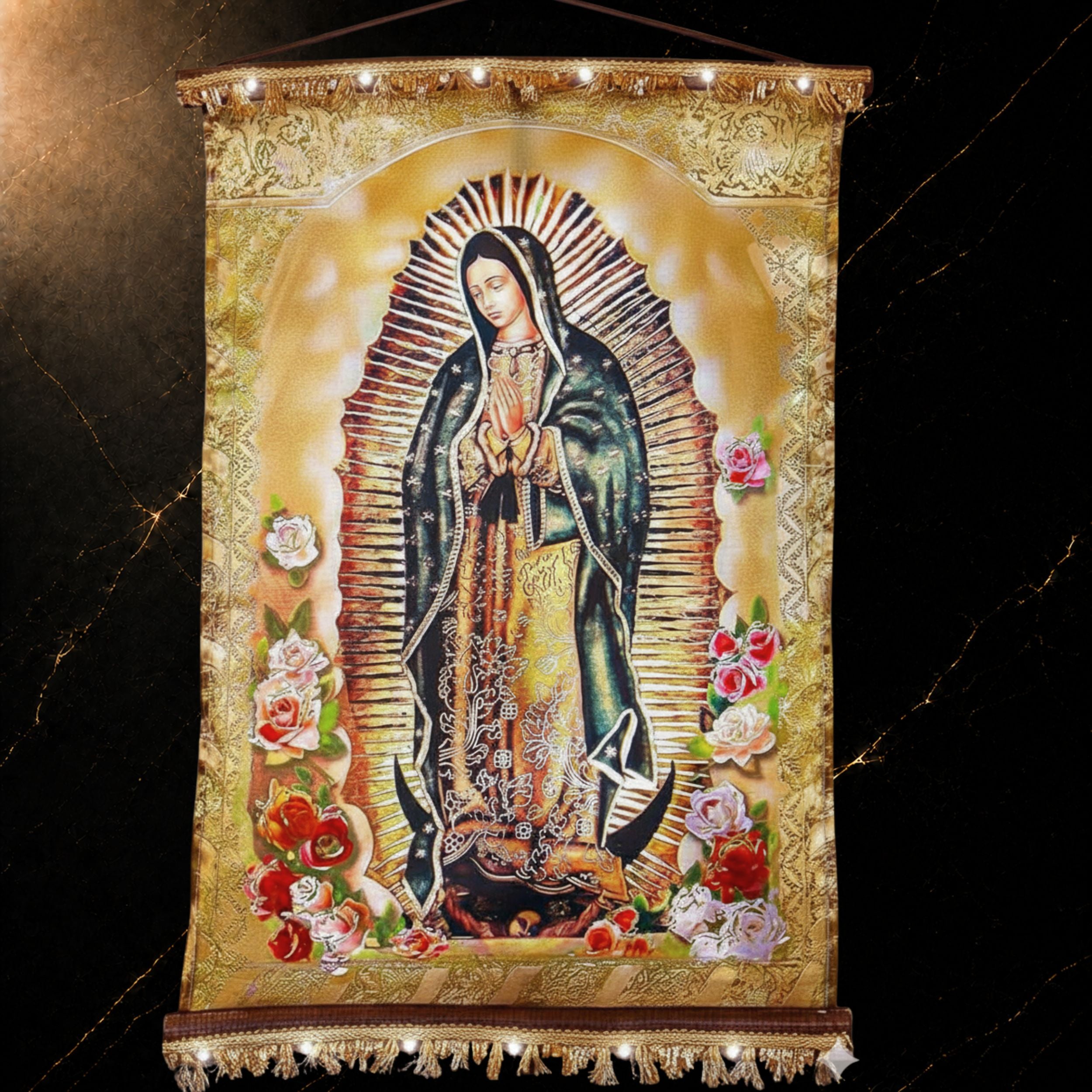 Estandarte de Pared Católico — Virgen de Guadalupe y San Miguel Arcángel | Estandarte Religioso