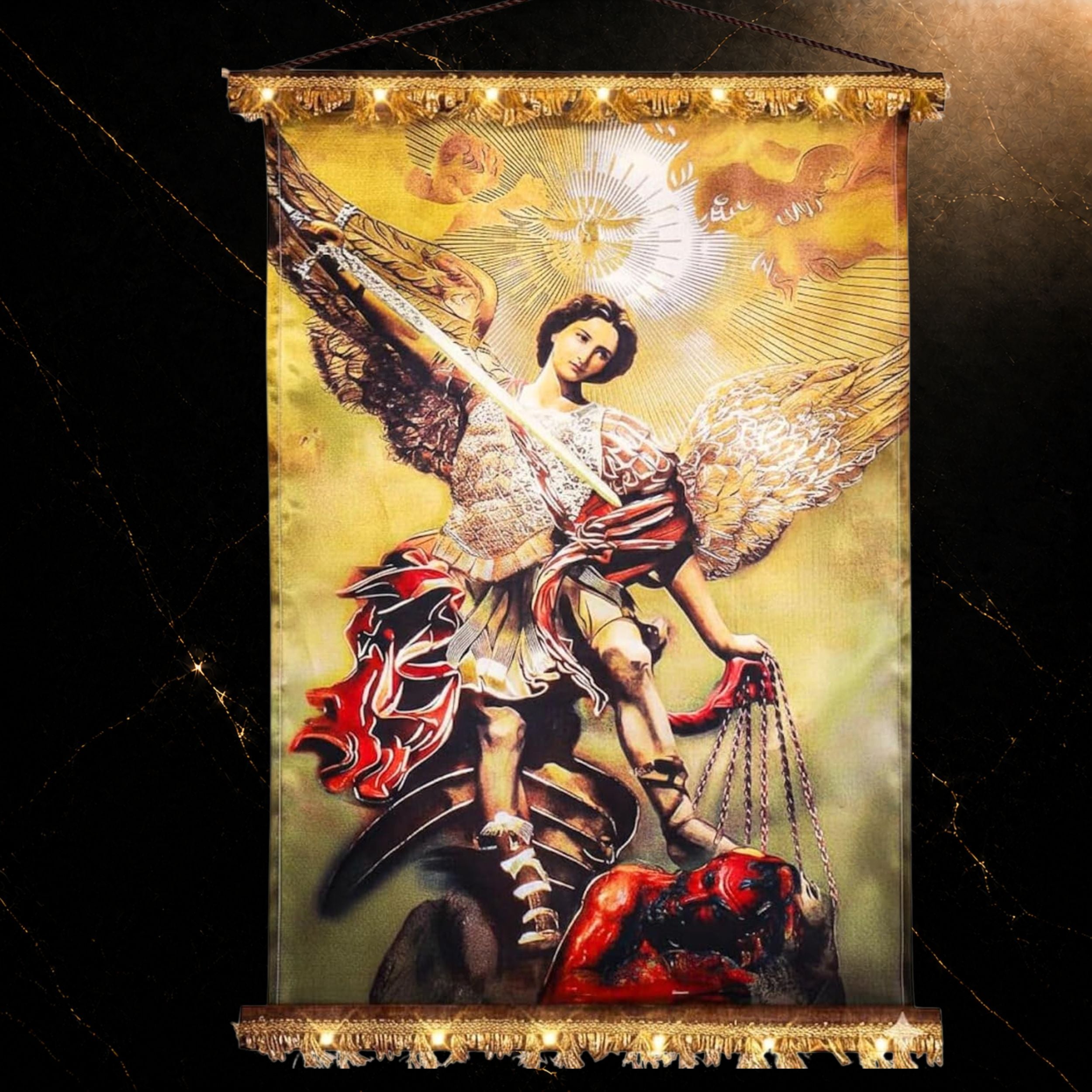 Estandarte de Pared Católico — Virgen de Guadalupe y San Miguel Arcángel | Estandarte Religioso